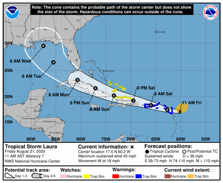 Tropical Storm Laura formed Friday morning in the Atlantic, the National Hurricane Center said. It's expected to make landfall next week on the Gulf Coast as a Category 1 hurricane. Here's the track as of 10 a.m. Friday. (Image via National Hurricane Center)